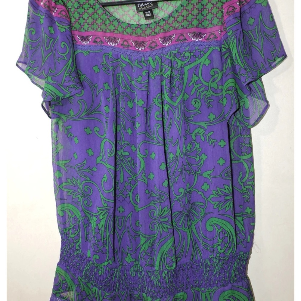 Nicole by Nicole Miller Purple and Green Printed Short Sleeve Tunic